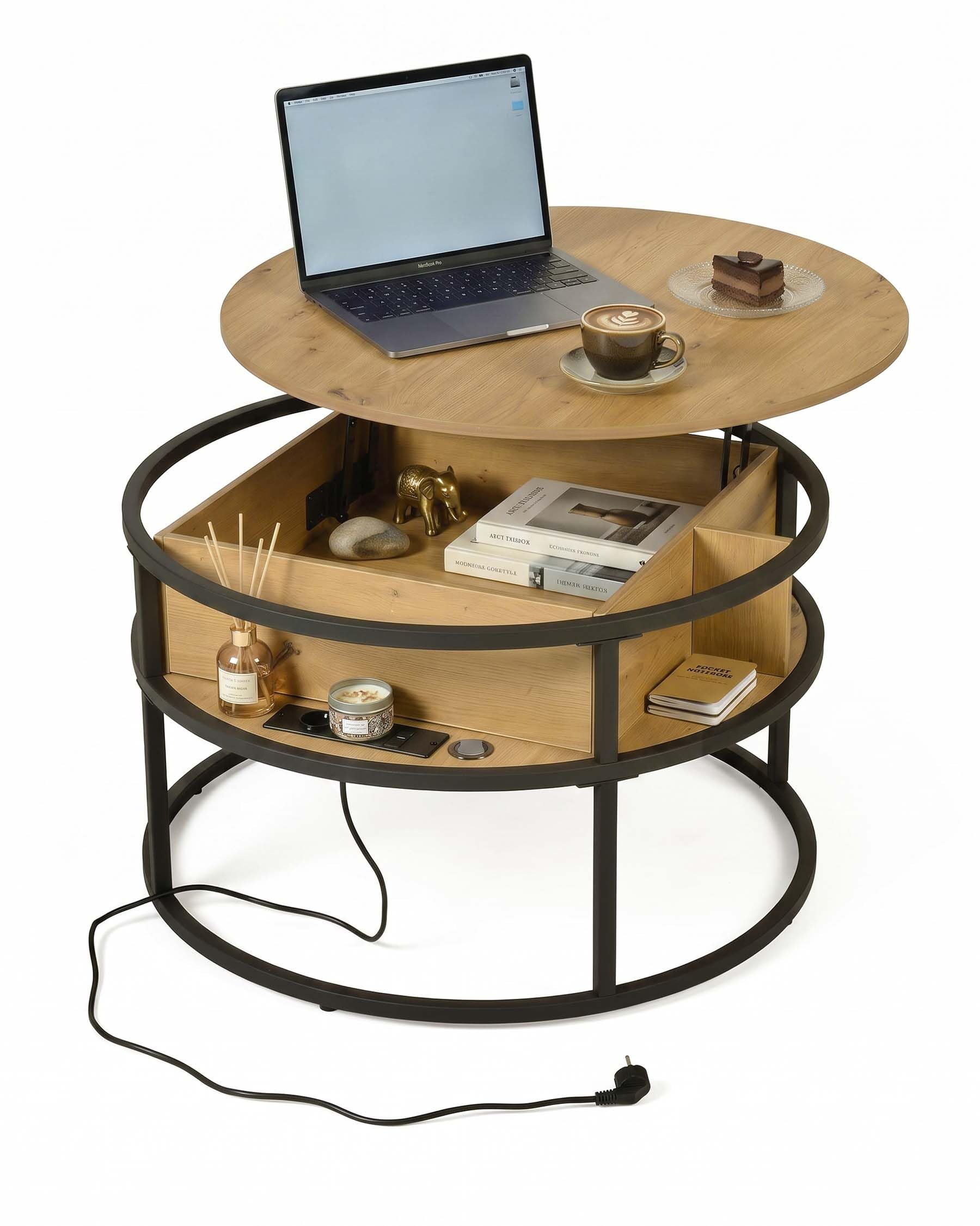 hitsuki Table Basse Relevable avec Rangement Caché, Ronde Salon 80x80x48cm