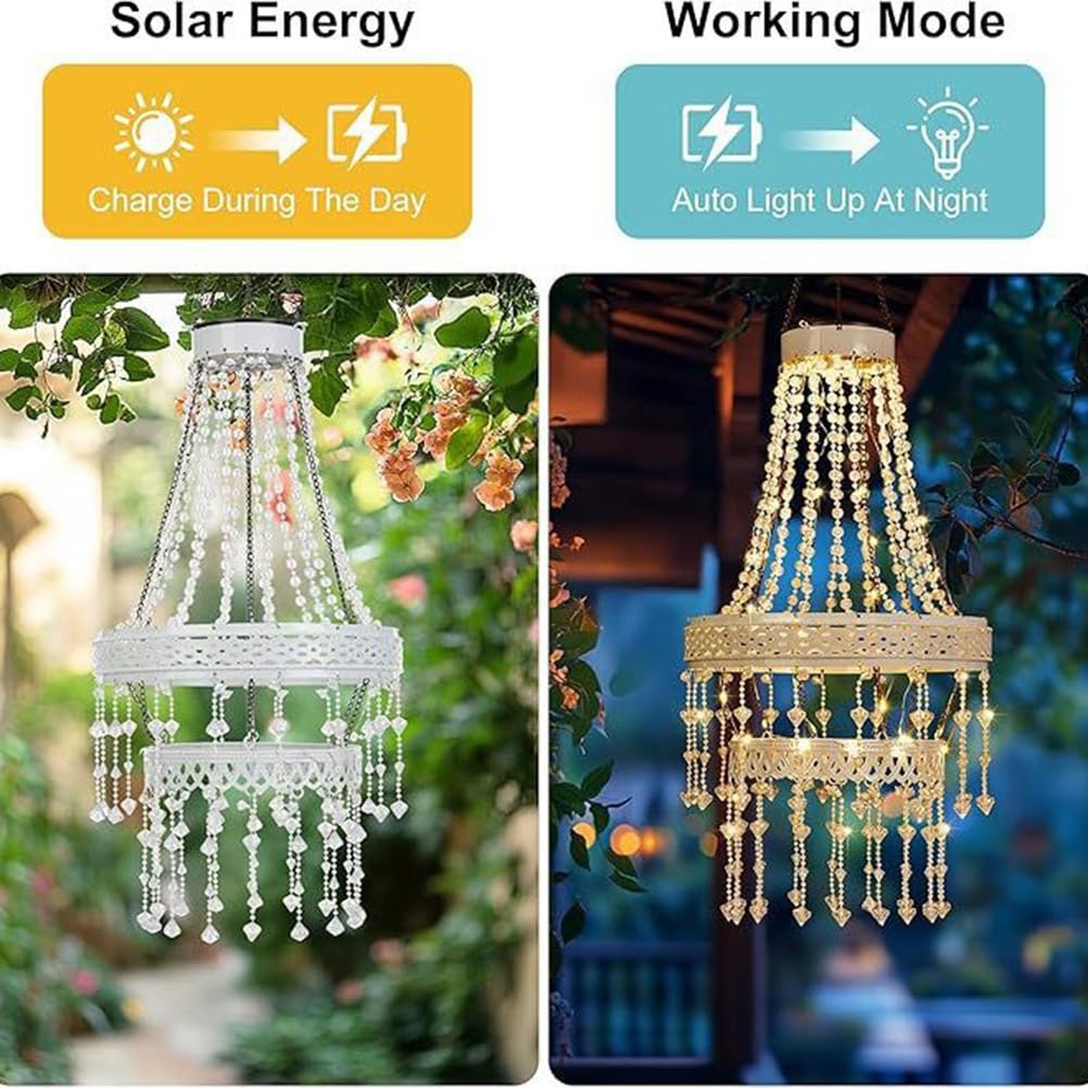 OOWOKS Solar Kristall Kronleuchter Außen Hängelampe IP44 Wasserdicht 3000K Warmweiß Solar Hängelampe mit Acryl Perlen Automatische Ein/Aus für Pergola Baum Terrasse Garten Hochzeitsdeko