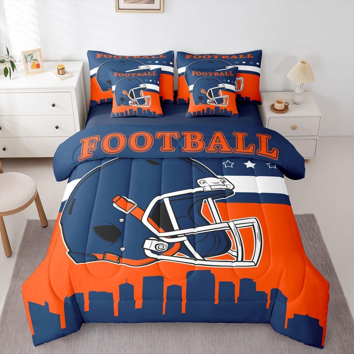 Football Themed 7 Pcs Bedding Set Full Size,American Ruby Bed In A Bag With Flat and Fitted Sheet for Sport Fans Gifts,Football City With Pillowcases and Cushion Cases for Kids Men Women,Blue Grey
