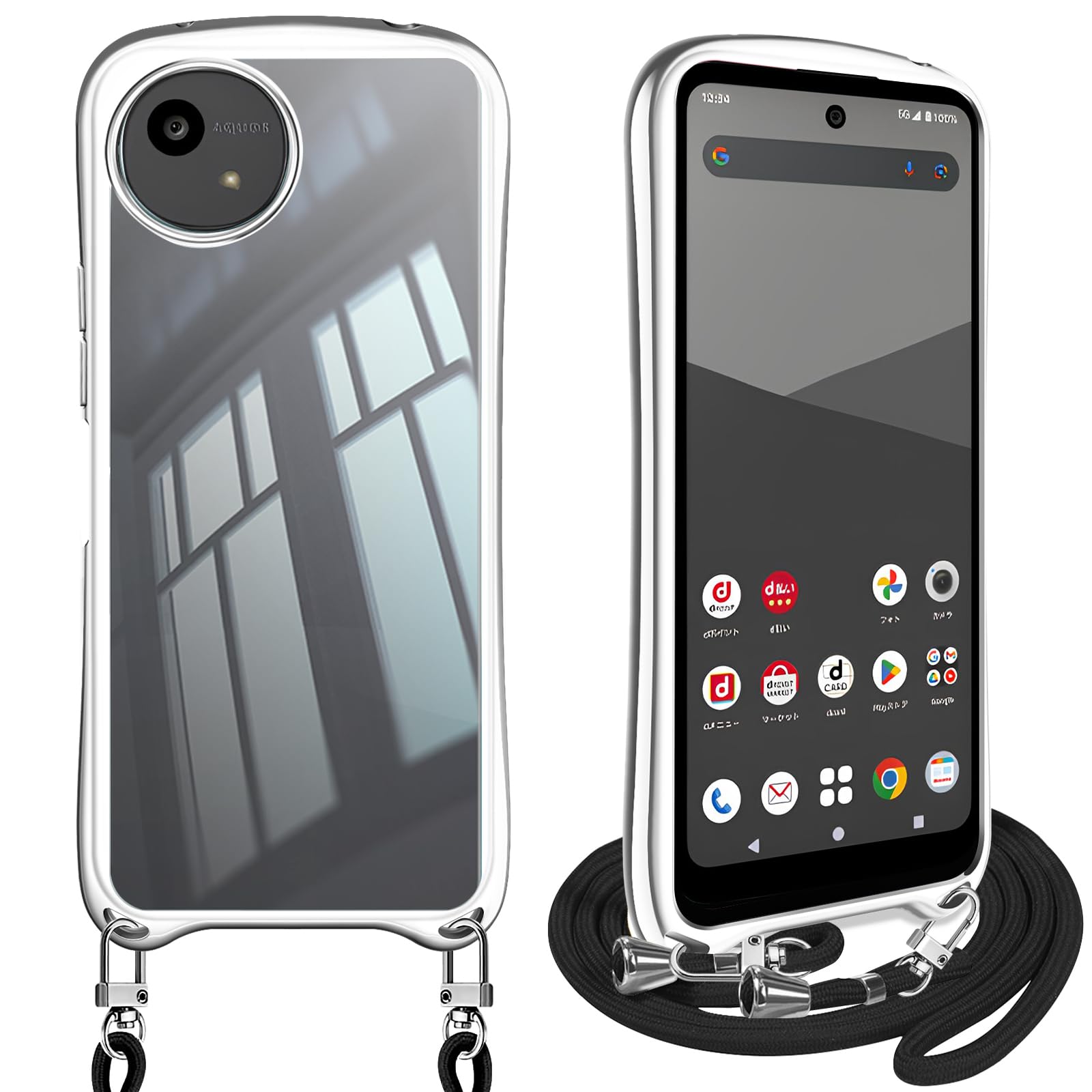 AQUOS wish5 ケース クリア ショルダー アクオス ウィッシュ5 SH-52F SH-M32 スマホケース カバー 耐衝撃 透明 TPU ストラップ付き 肩掛け 首掛け 紐付き 斜めがけ 取り外し可能 長さ調整可能(シルバー)