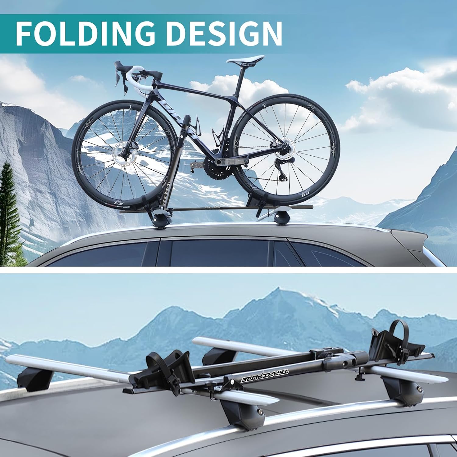 Roof Bike Rack Mount, Foldable Upright Bicycle Carrier, Lightweight Aluminum Bike Rack with Secure Locking, 1-Bike Rooftop Carrier for Car/SUV, Black