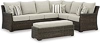 Signature Design by Ashley Brook Ranch 3-Piece Outdoor Sectional Sofa Set with Bench, Weather-Resistant Nuvella Fabric, Beige/Dark Brown, 6 Pillows