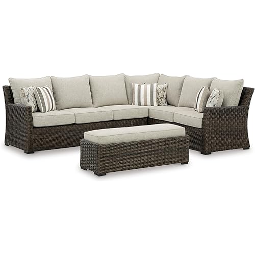 Signature Design by Ashley Brook Ranch Casual Nuvella Weather Resistant Fabric Right Hand Facing Outdoor Sofa Sectional/Bench with Cushion and 6 Throw Pillows, Set of 3, Beige & Dark Brown