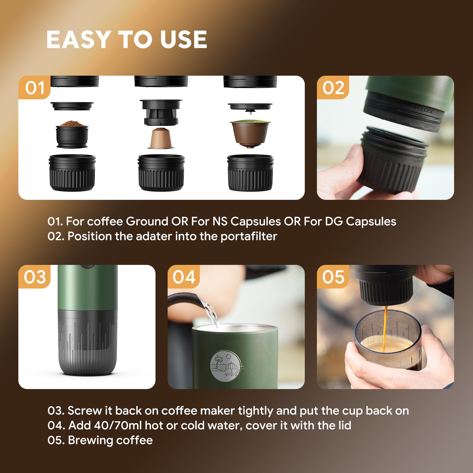 RECAFIMIL Tragbare 3-in-1-Kaffeemaschine, tragbare 19-bar-Espressomaschine mit automatischer Erwärmung, kompatibel mit NS- und DG-Kapseln und gemahlenem Kaffee für Camping, Reisen und Zuhause (Grün)