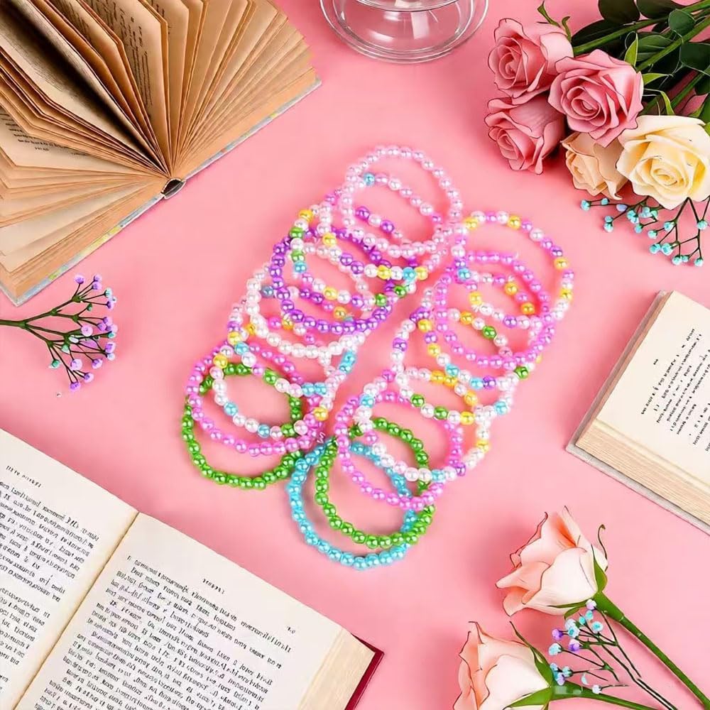 Colorful Kids Beaded Bracelets, 50 Pieces Party Favor Set, Costume Jewelry for Girls, Toddler Birthday Easter Christmas Gift