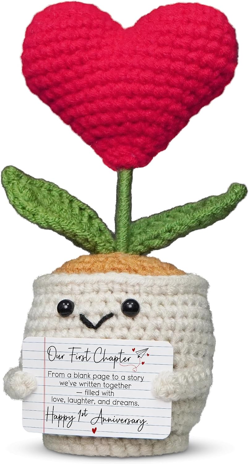 OASSIE 1 Year Anniversary Couple Gifts for Boyfriend Girlfriend - Heart Flower Pot Crochet with Card - 1st Anniversary Wedding Gifts for Him Her Men Women, Romantic Husband Wife Gift Ideas