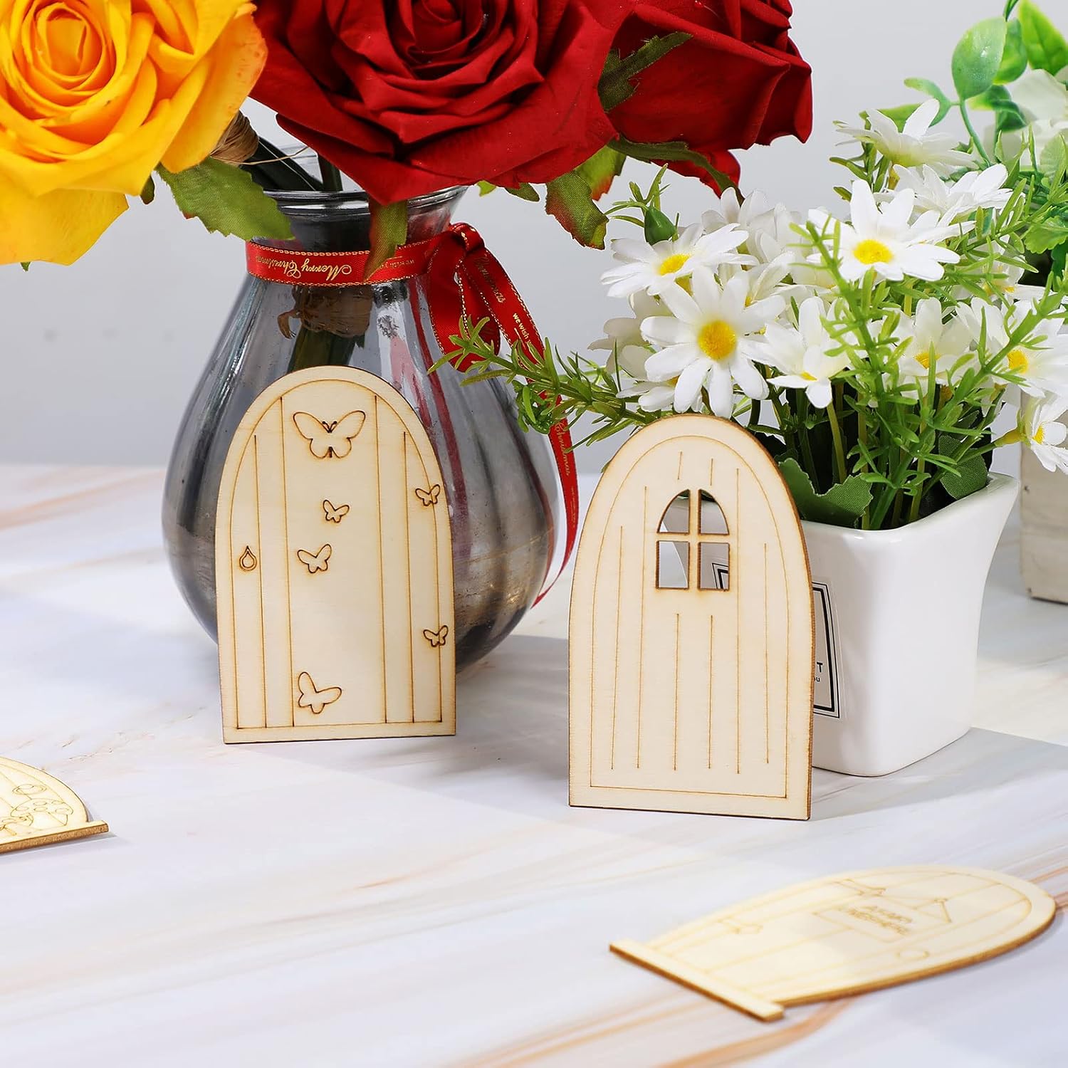 48 Pcs Fairy Doors Windows, Wooden Unfinished DIY Kit Wall Garden