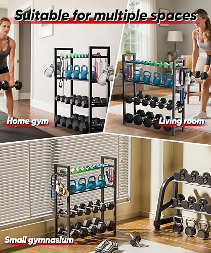 Miniatura 7 de Soporte ajustable para mancuernas y pesas rusas, organizador de metal resistente para entrenamiento de gimnasio en casa con gancho para accesorios