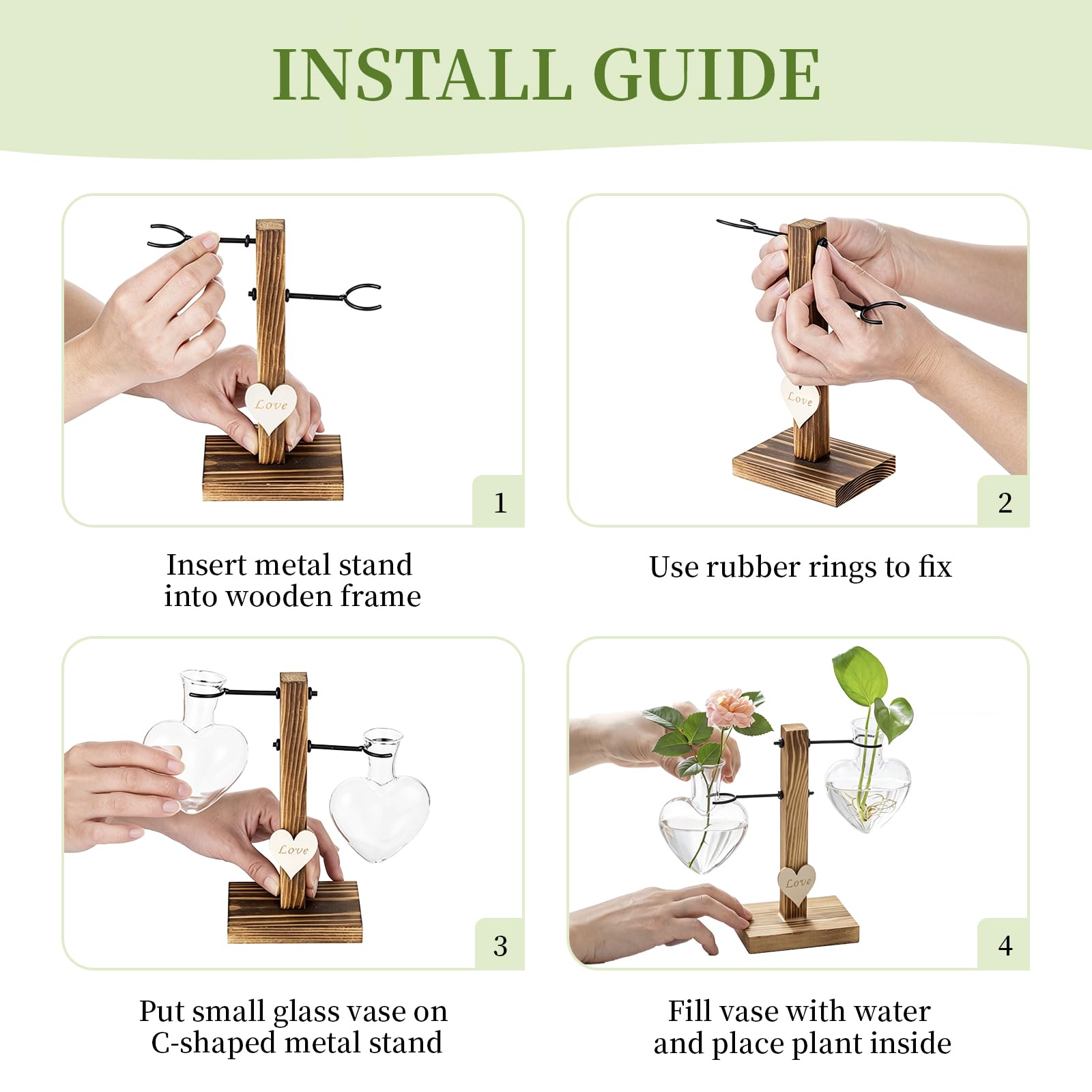 Terrarium De Plantes en Verre avec Support en Bois, Vases Hydroponiques en Verre à Double Cœur Créatif, Station De Propagation De Plantes Modernes, Ampoule De Jardinière De Bureau