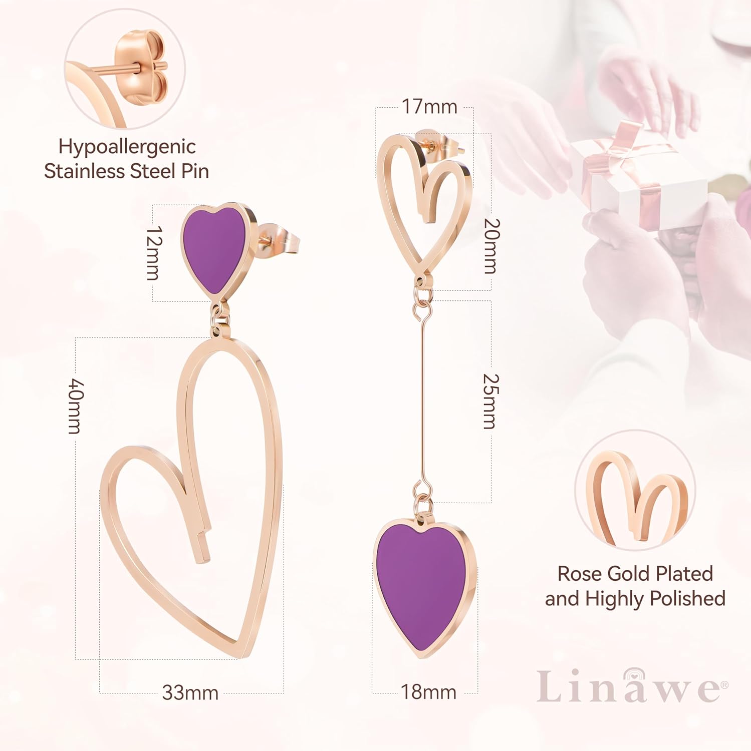 Linawe Titanium Stainless Steel Heart Dangle Earrings for Women - Trendy, Gold/Silver/Rose Gold Big Drop, Mismatched Love, Asymmetrical - Image 5