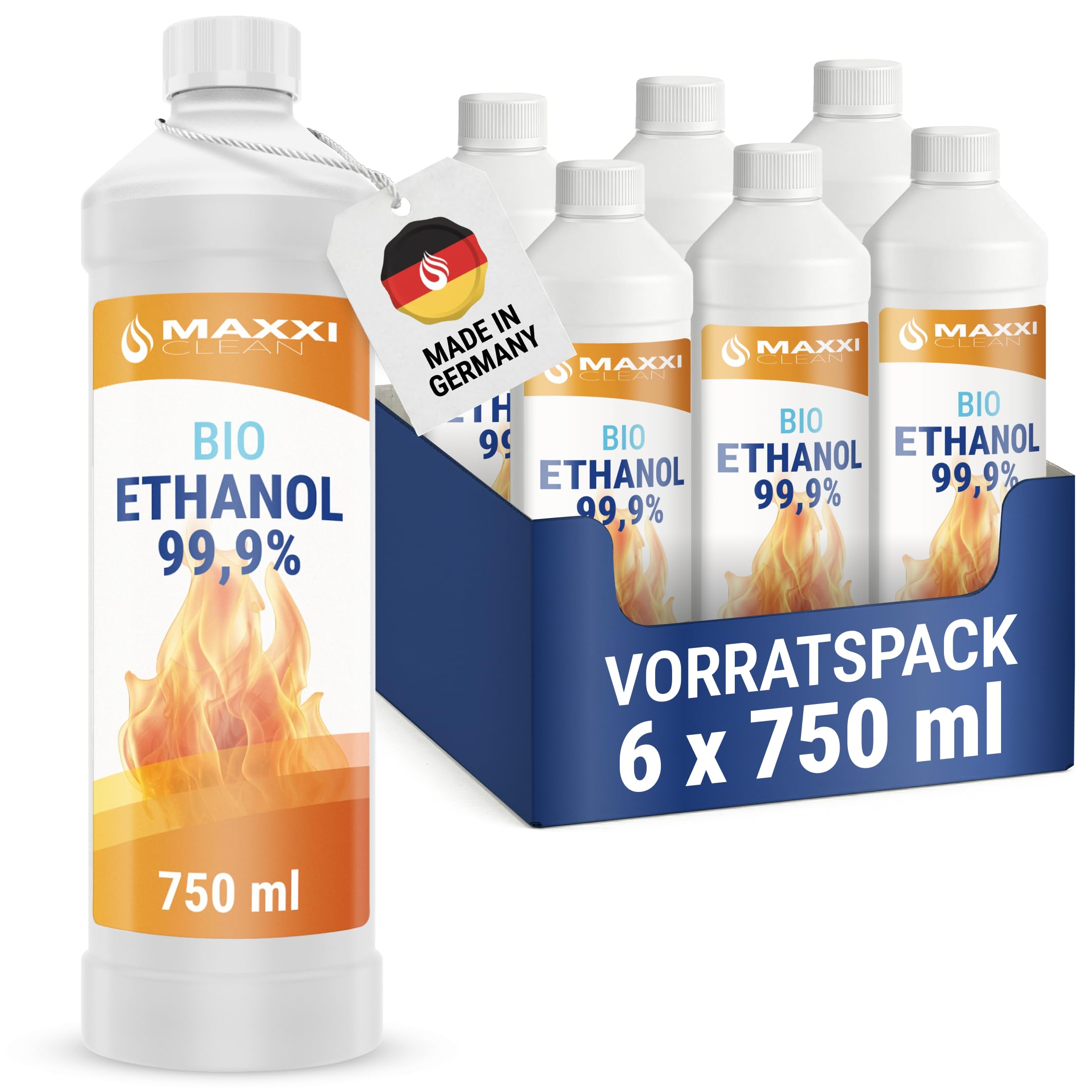 Maxxi Clean 6 x 750 ml bioetanolu do kominków stołowych, wyprodukowano w Niemczech, bezzapachowy i bez sadzy, do kominków etanolowych w pomieszczeniach i na zewnątrz, nadaje się do kominków pokojowych