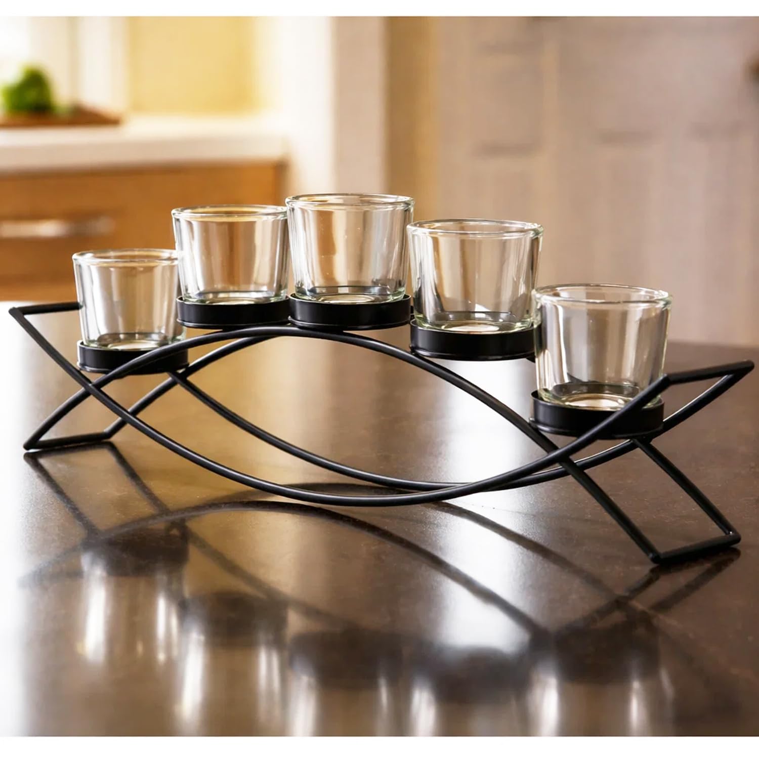 Seraphic Iron Arch Table Centerpiece Decorations Tealight Votive Candle Holder for Weddings, Patio, Kitchen, Dining Room, and Coffee Tables, Black, Clear Chunky 5 Cups