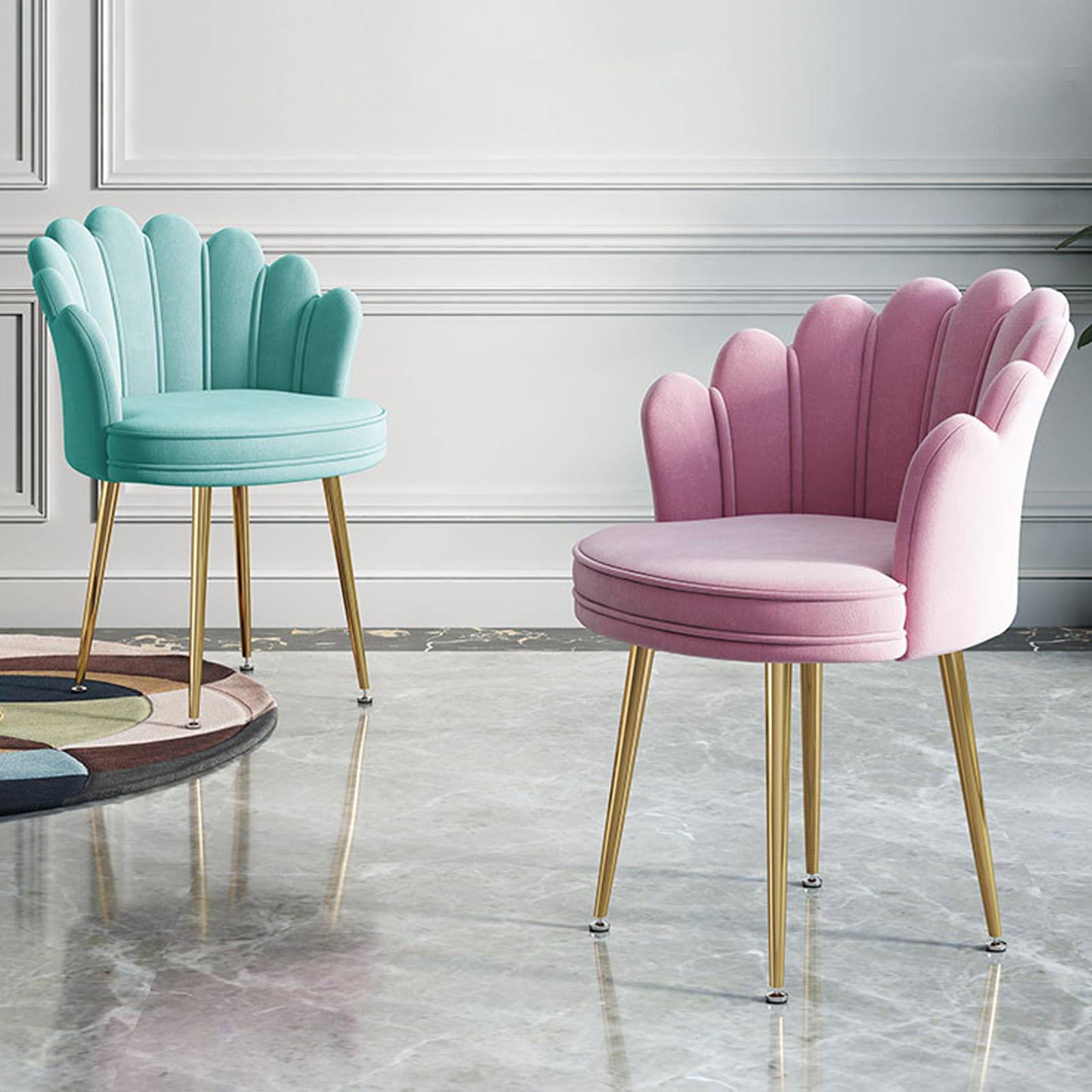 Silla de comedor de terciopelo con respaldo de pétalo, taburete moderno para el ocio, sillón de ocio con patas de metal, silla de oficina elegante, altura del asiento 47 cm, elegante asiento tapizado