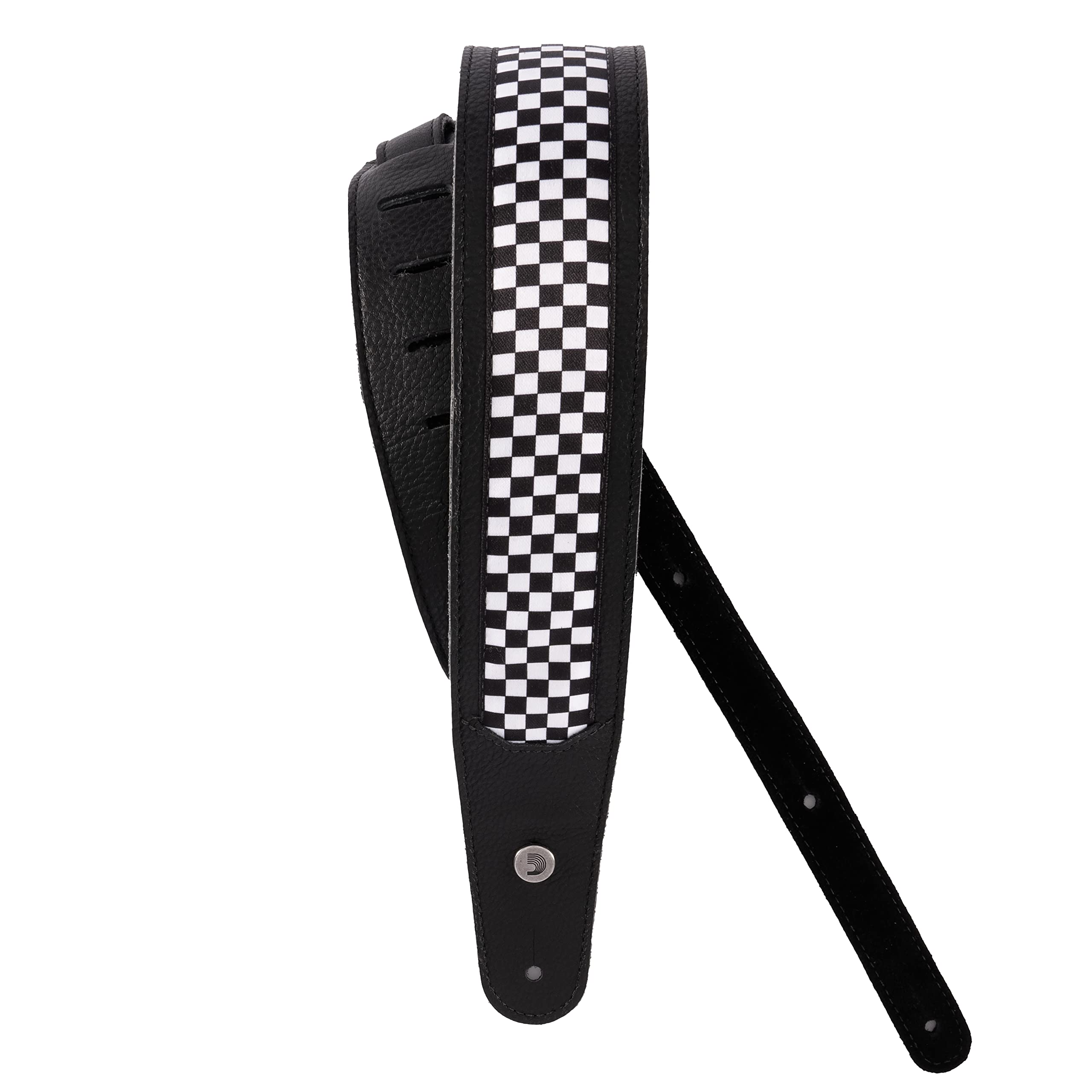 D'Addario Accessories Leder Gitarrengurt - Gitarrenzubehör - Gurt E-Gitarre, Gurt Akustikgitarre, Gurt Akustikgitarre E-Gitarre & Gurt Bassgitarre - schwarzes Leder, kariert