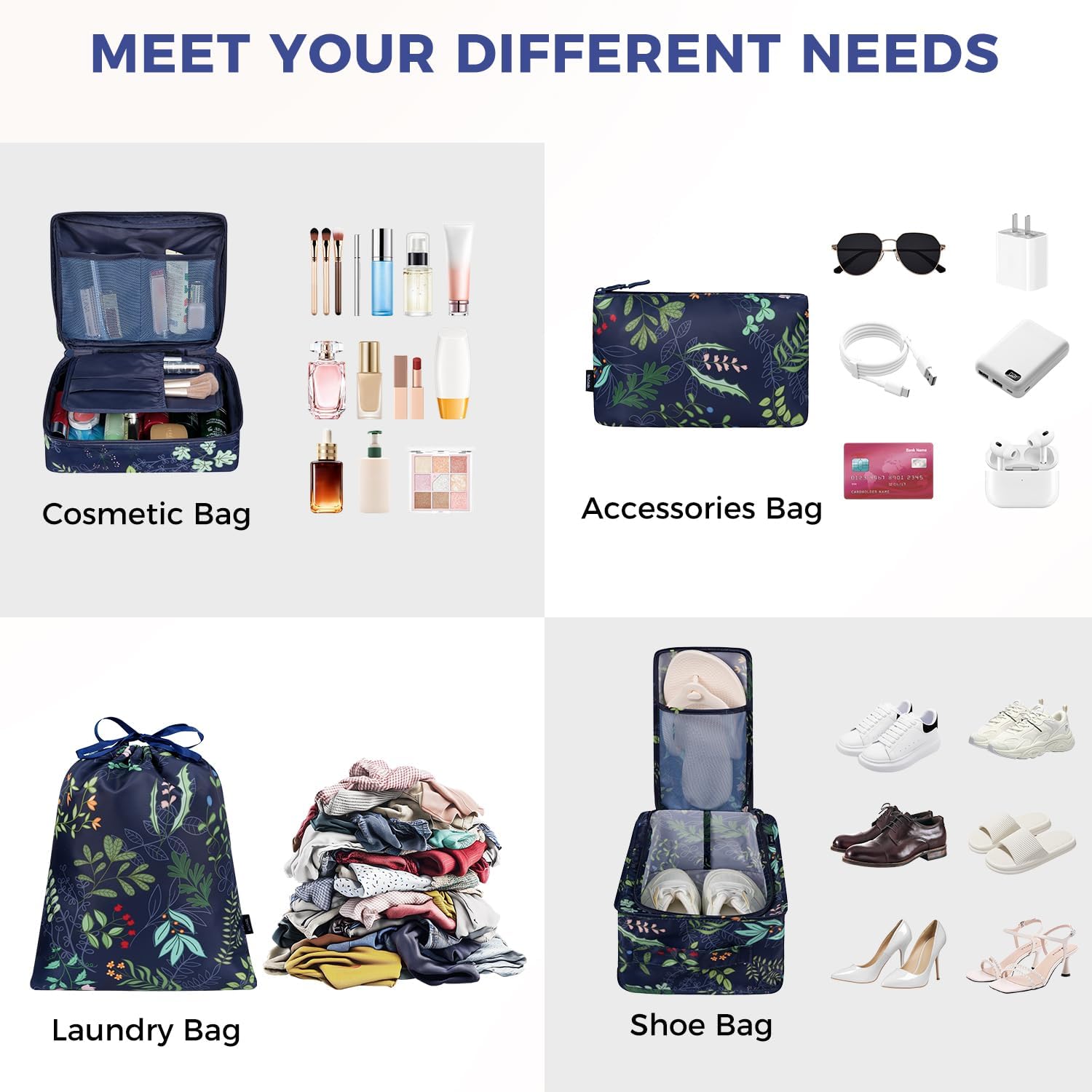 BAGAIL 8 Set Packing Cubes Luggage Packing Organizers for Travel Accessories-Navy Leaf