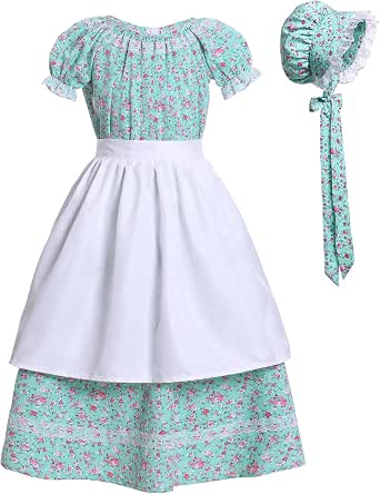 Girls Pioneer Prairie Dress Costume With Apron & Bonnet - Pink Dots Colonial Outfit