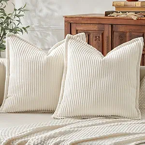 Mecatny Corduroy Throw Pillow Covers 18x18 Set of 2, Neutral Decorative Soft Boho Couch Pillow Covers with Broadside for Sofa Living Room, Cream White