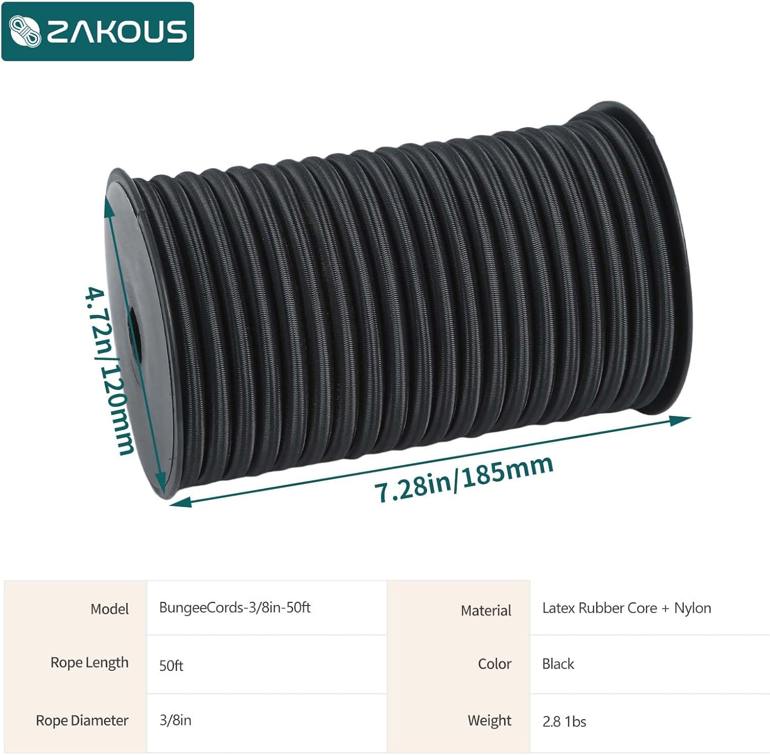 Strong and Durable Bungee Cord - 3/8" x 50ft Elastic Cord, Kayak Stretch String Rope, Bungee Shock Cords for Repairing Tent Poles, DIY, Tie Downs, Black