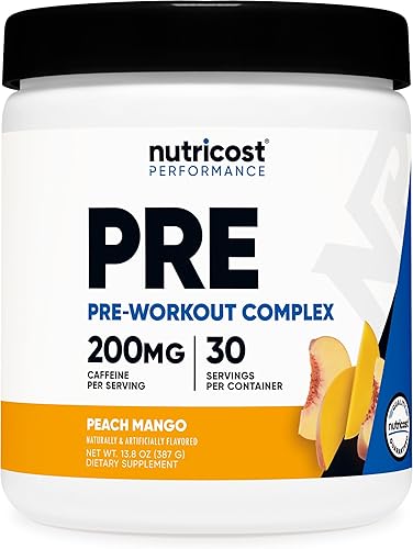 Nutricost Polvo complejo pre-entrenamiento (30 porciones, mango melocotón) - Suplemento preentrenamiento con beta-alanina, taurina y aminoácidos
