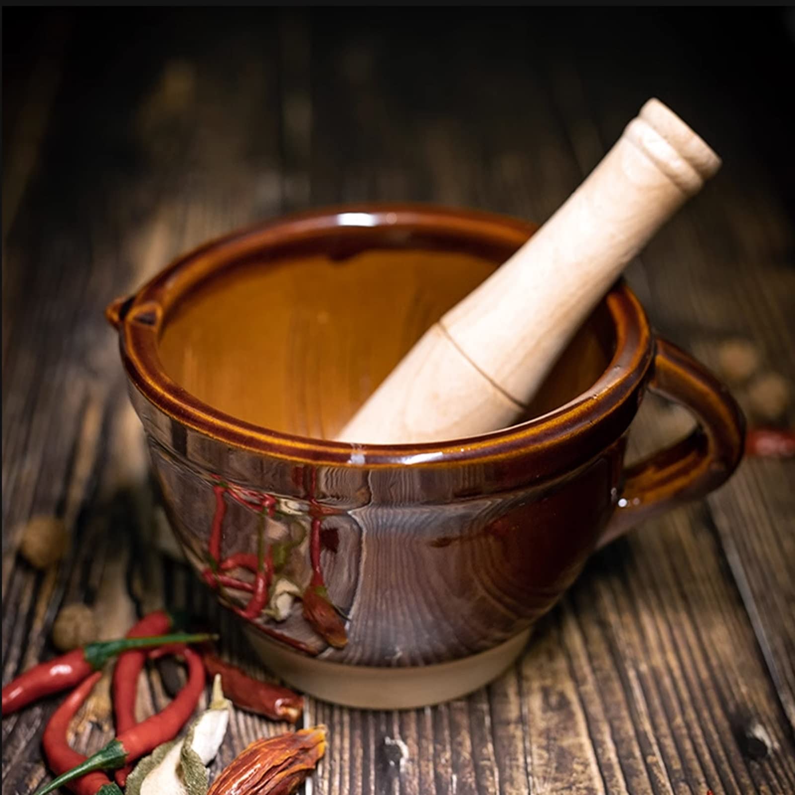 Mörser- und Stößel-Set Mörser- und Stößel-Set aus Keramik mit brauner Keramikmühle, Guacamole-Schüssel, traditioneller Knoblauchschäler, Mörser und Stößel, Gewürzmühle Schleifer-Brecher-Set(Groß)