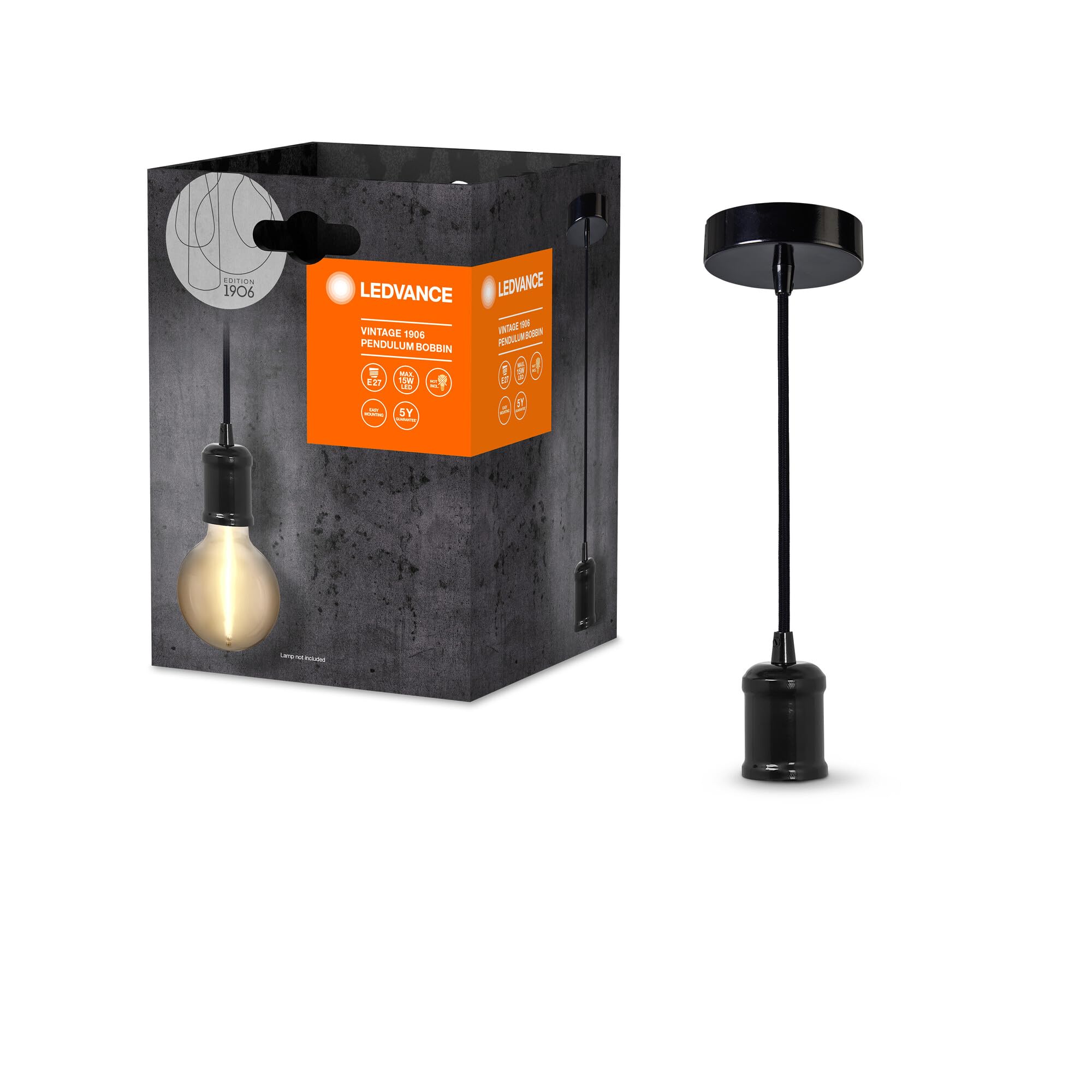 LEDVANCE Vintage 1906 Pendant Light Bobbin E27, Black, Max. 25W (Led 15W), E27 Base, Round Canopy, Indoor Pendant Light, Combined with 1906 Vintage Or Smart Lamps