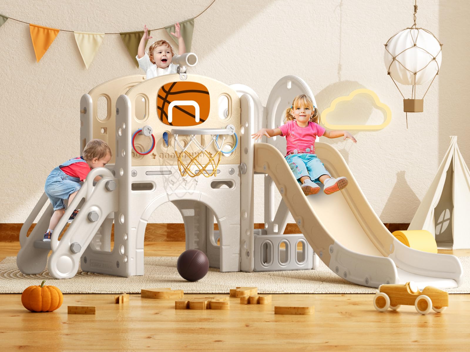 8-in-1 Kids Slide & Playset For Toddlers 1-3 – Indoor/Outdoor With Basketball Hoop & Tunnel