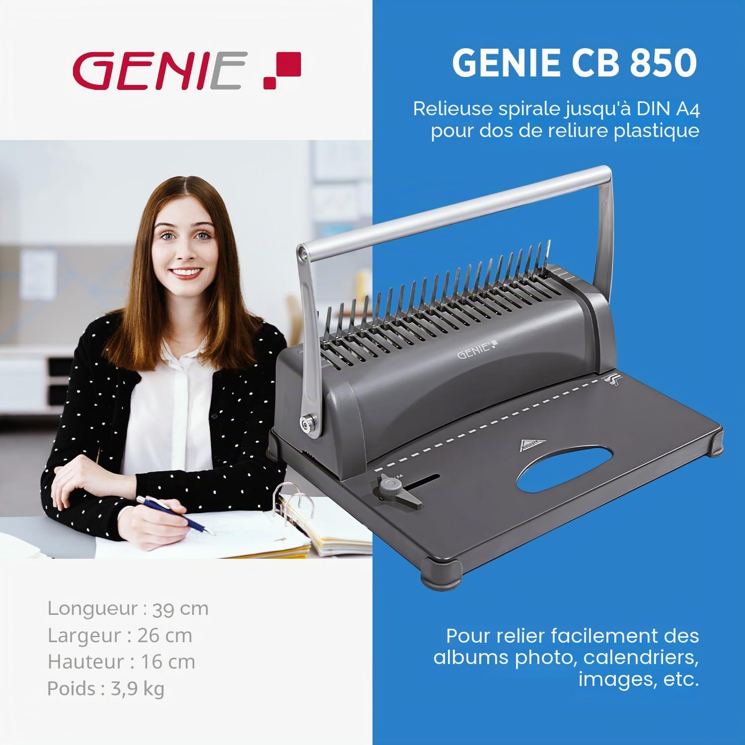 Relieuse Genie CB 850 350 Feuilles DIN A4 Argent/Noir
