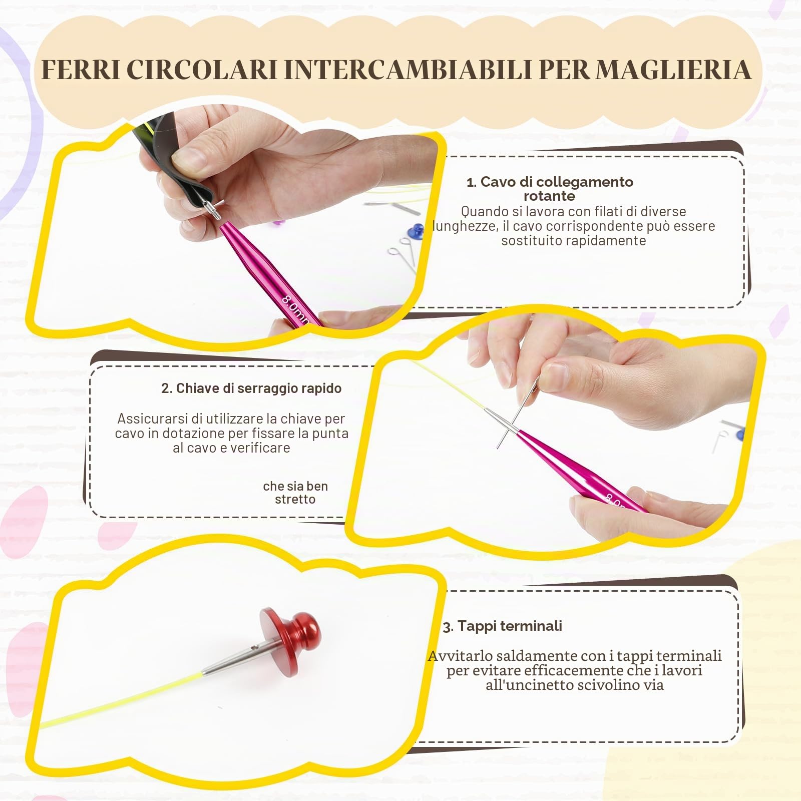 Set di Brevi Ferri Circolari Intercambiabili, Ferri Circolari Mini da 5 cm con Custodia e Accessori, 12 Diametri di Ferri da 3-8 mm, 4 Lunghezze Regolabili da 20-40 cm (12 Paia)