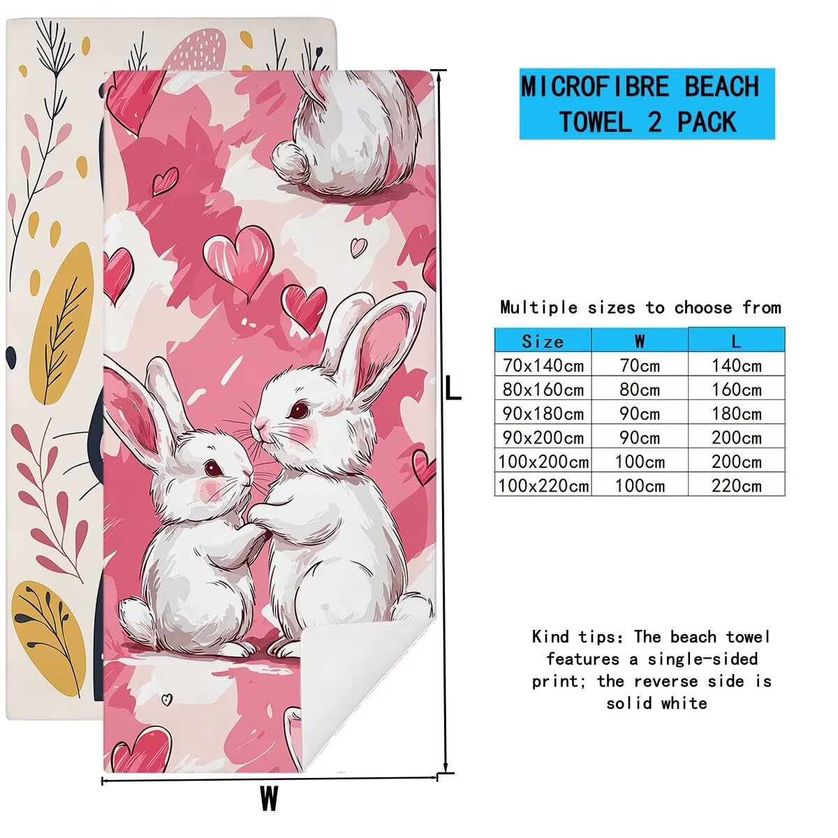 Strandtuch XXL 90x180cm 2er Set, Saunahandtuch Mikrofaser Handtuch, Schnelltrocknend Sporthandtuch Fitnessstudio, Leicht Badehandtuch Groß, Sandfrei Strandtuch, Geschenke für Männer (Kaninchen) -4025