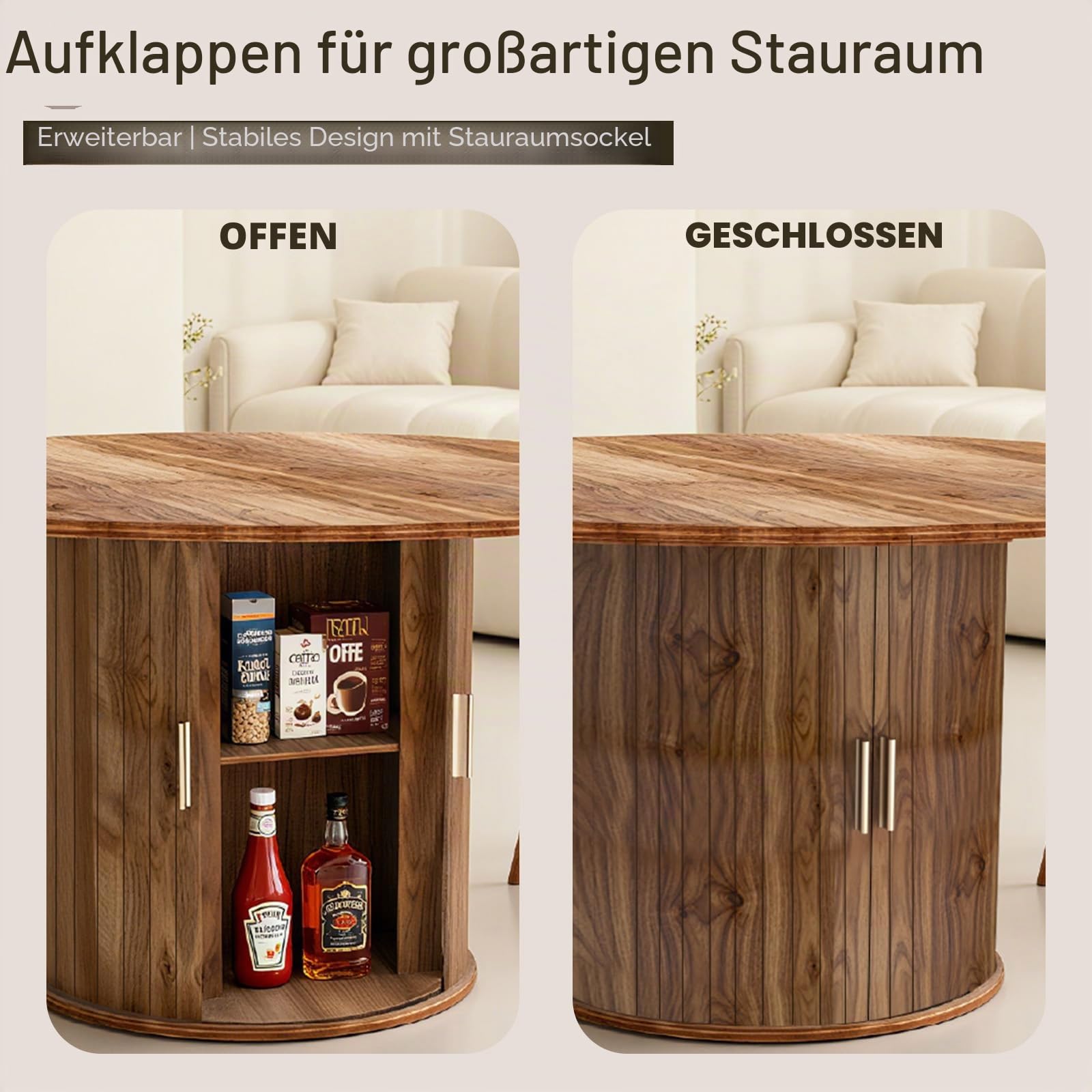 Ausziehbarer runder Esstisch mit verstecktem Aufbewahrungsboden