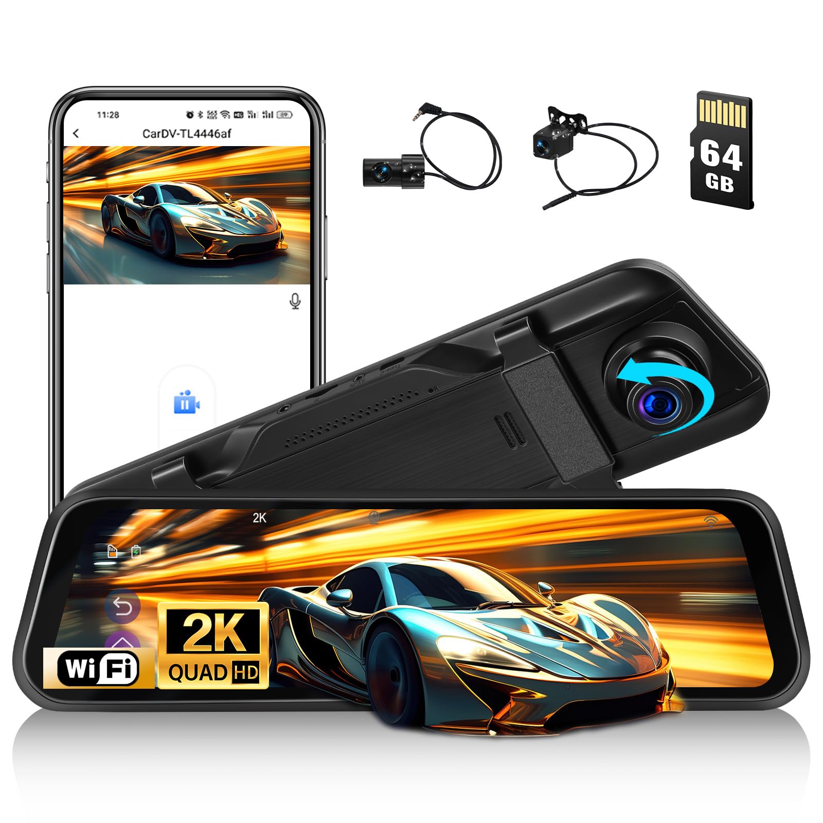 CAMECHO 9.66 Pollici 2K Mirror Dashcam Auto con 2 Telecamere 1080P, Anteriore 150° e Posteriore Dash Cam 120° con Linea inversa, Visione Notturna, Sensore G, Scheda da 64 GB WIFI APP