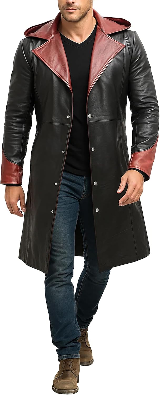 Men's Trench Coat Maroon Leather Coat Synthetic Leather