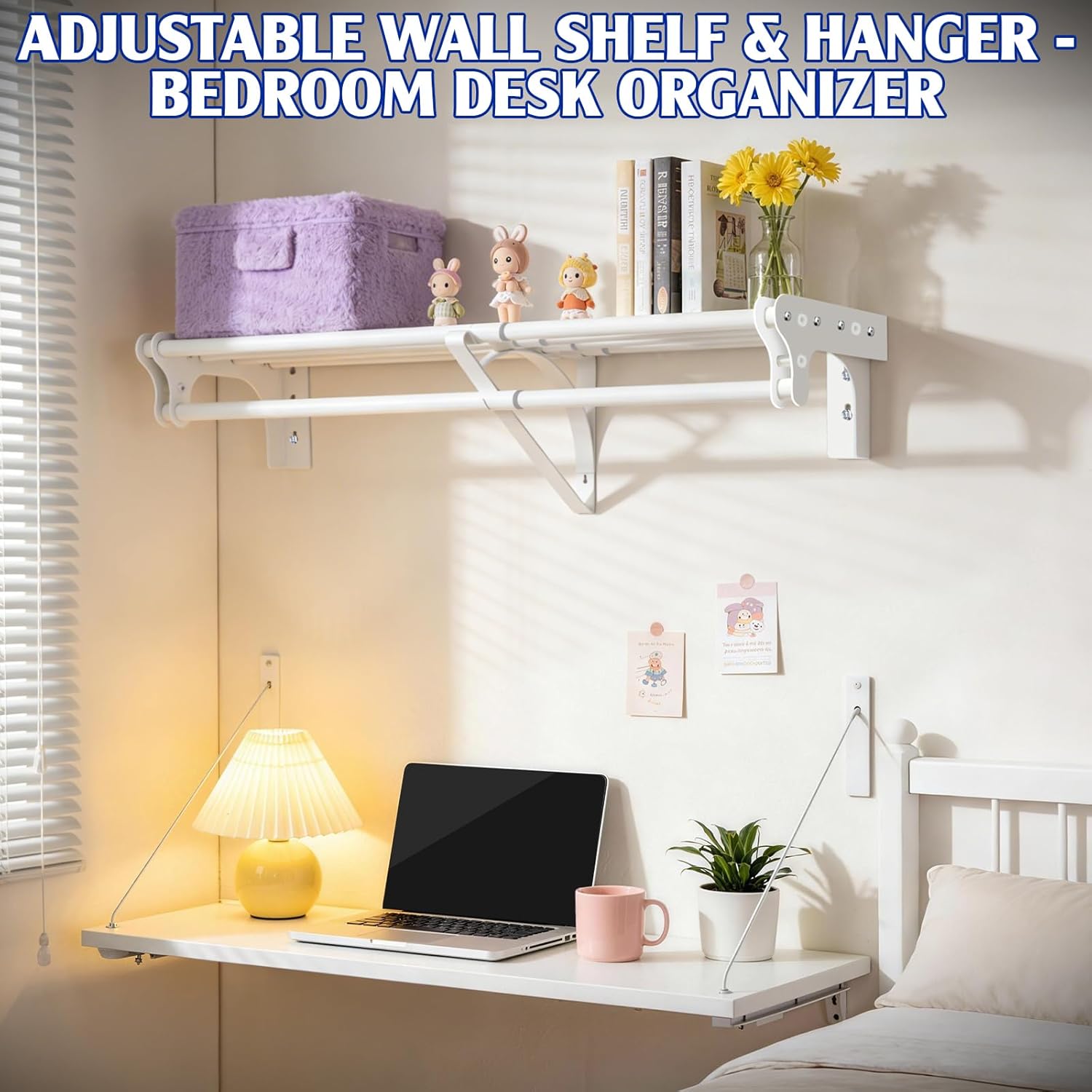 Closet Shelf with Hanging Rod, 40-73'' Expandable Wall Mounted & Side Wall Mounted Steel Clothes Rack with Top Shelf, Holds 220 lb Heavy Duty Closet Rod DIY Divider Separtor for Cabinet Wardrobe