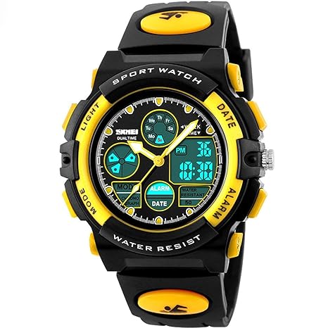 Affute Waterproof Sports Digital Analog Led Watch for Children Boys Girls Kids Rubber Strap Yellow