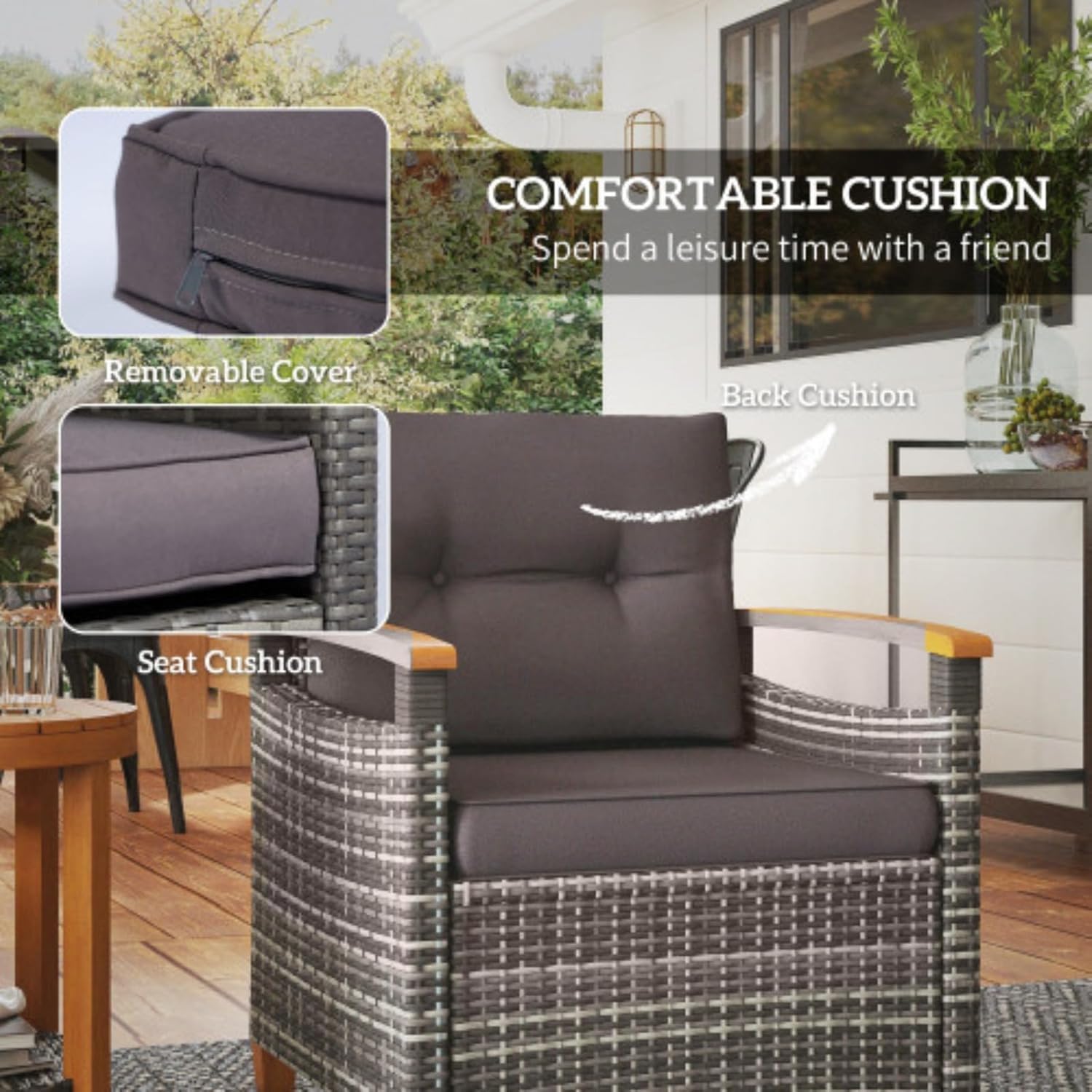 3-Piece Patio Bistro Set, Table and Chair Set, Patio Furniture, Wooden with Cushions, PE Wicker, for Porch, Backyard, Garden, Gray