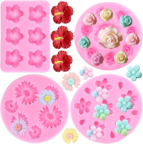 ZiXiang Moldes de silicona de flores de rosas, margaritas y crisantemo, moldes de silicona para pastel de hibisco, moldes de chocolate para