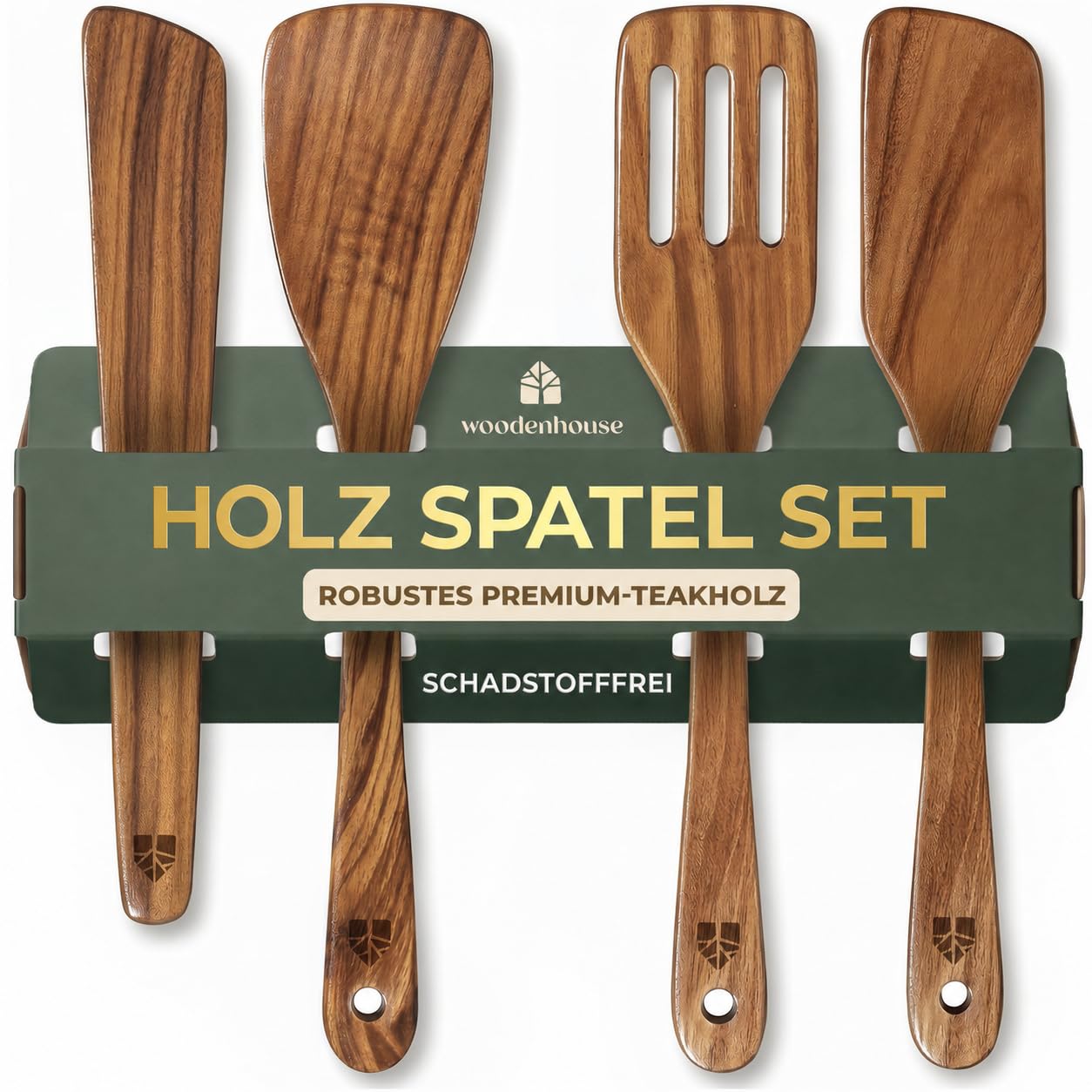 Pfannenwender Holz Set 4-teilig aus Teakholz, Bratwender und Holzspatel