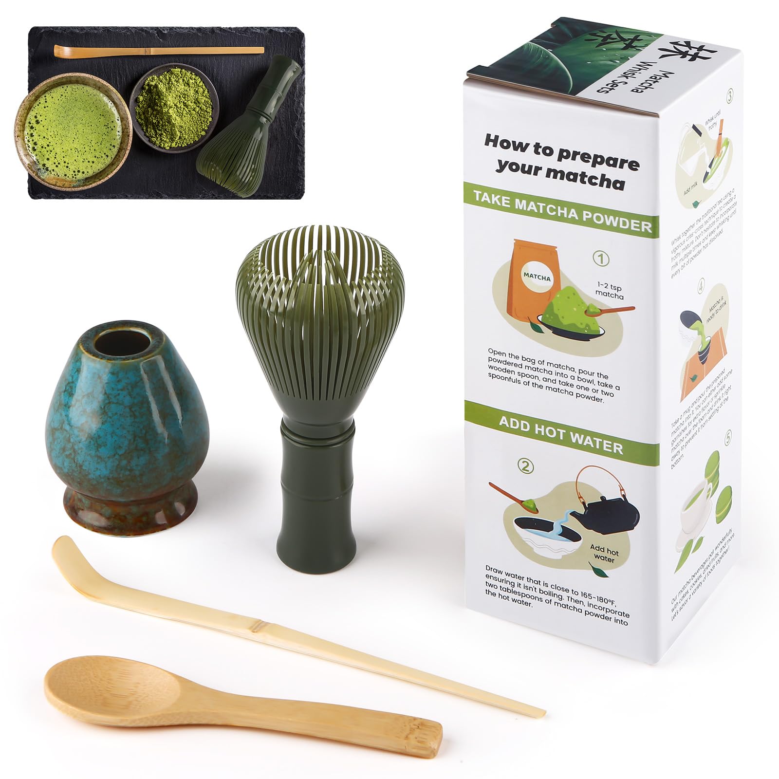 Set Matcha Completo 4 Pezzi | Ciotola In Ceramica 500ml Con Beccuccio, Frusta In Bambù, Supporto E Paletta | Kit Preparazione Tè Verde Con Smalto Screziato
