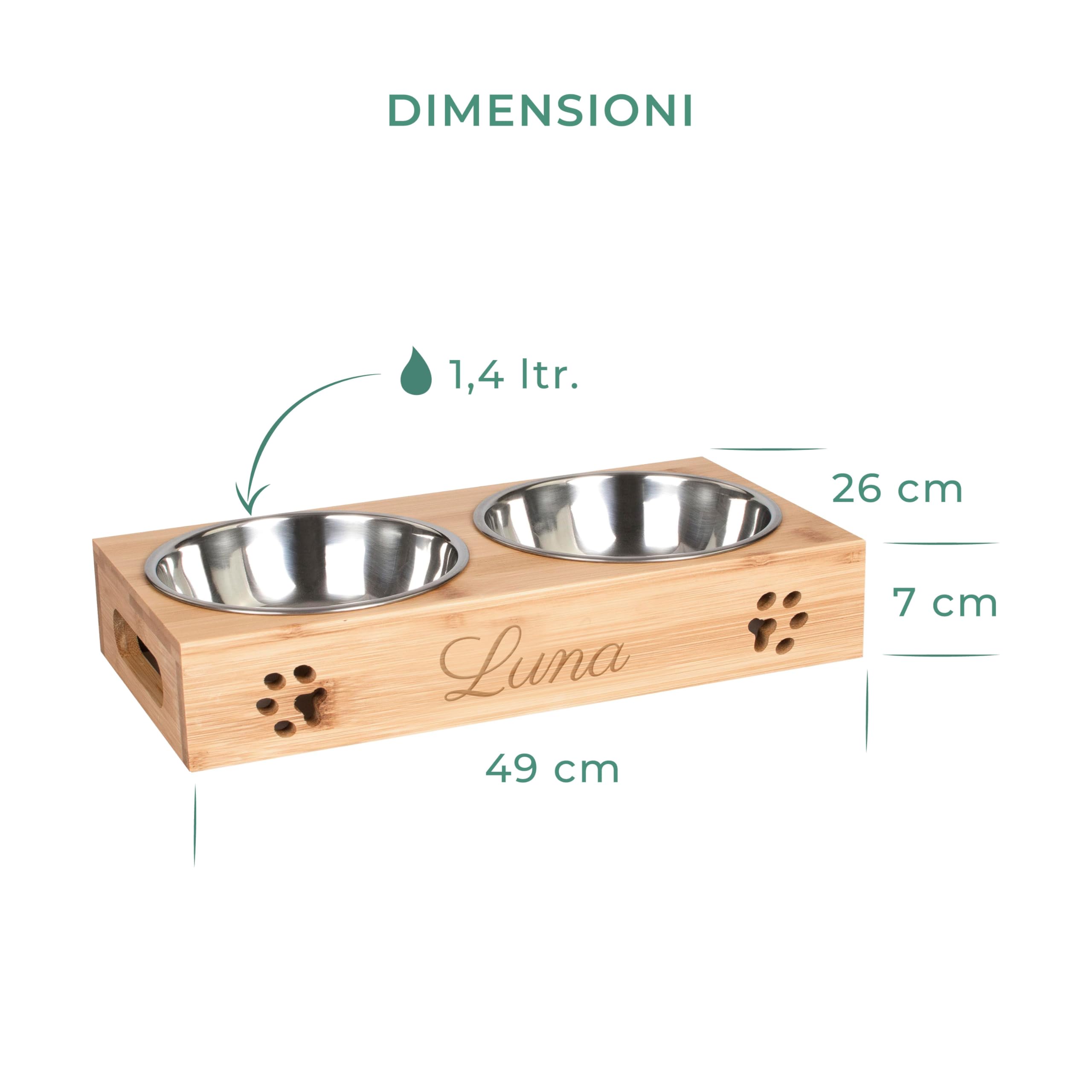 LAUBLUST Stazione di alimentazione con nome personalizzato per cani - Naturale | 49x26x7cm, rialzata - Ciotola per cibo e acqua per gatti | 2 ciotole in acciaio inox x 1,4L | Ciotola per gatti incisa