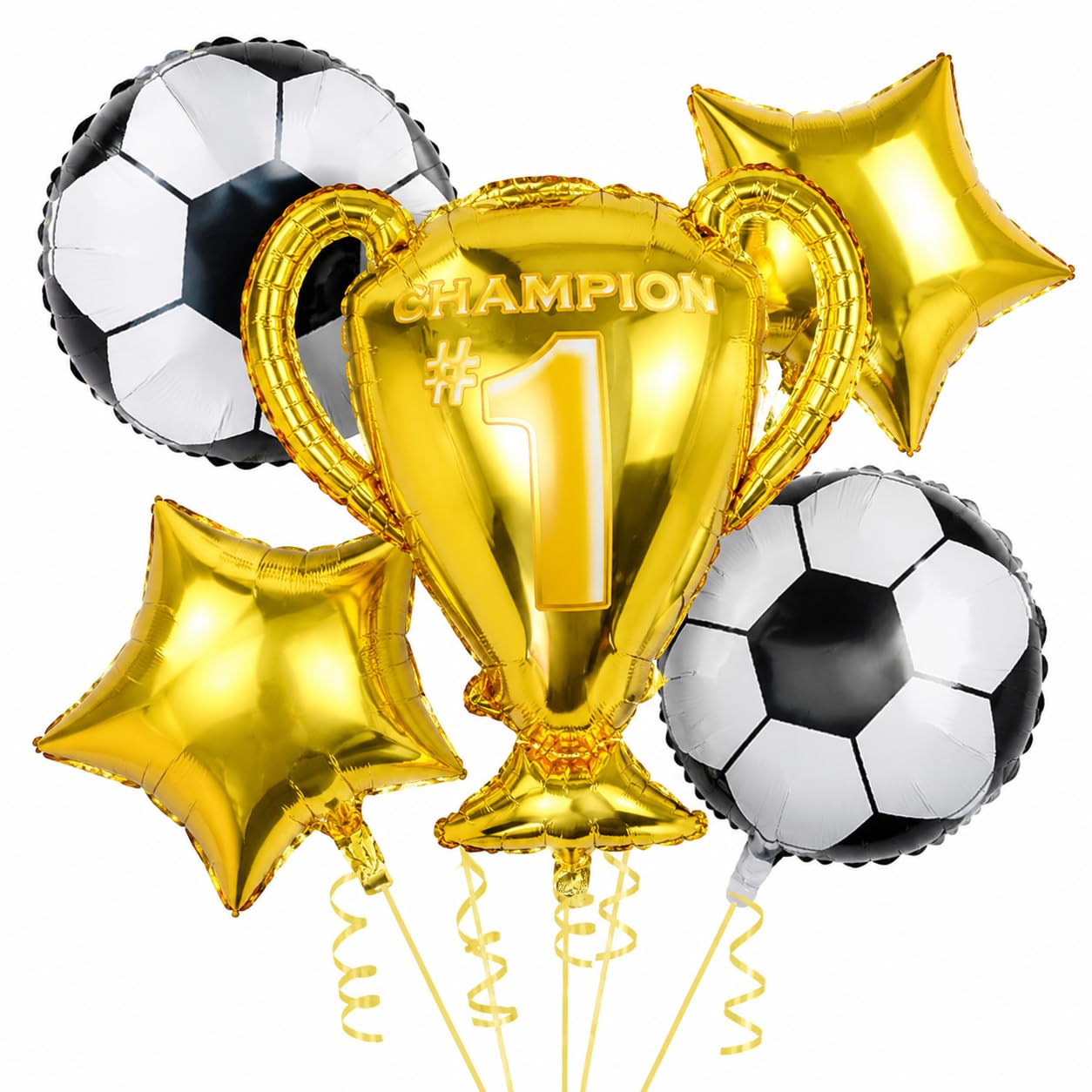 5 Pcs World Cup Football Balloons Set, Large Gold Trophy Balloon with Soccer Foil Balloons and Star Decor, Reusable Sports Theme Birthday Party Decorations for Men Fans Match Celebration