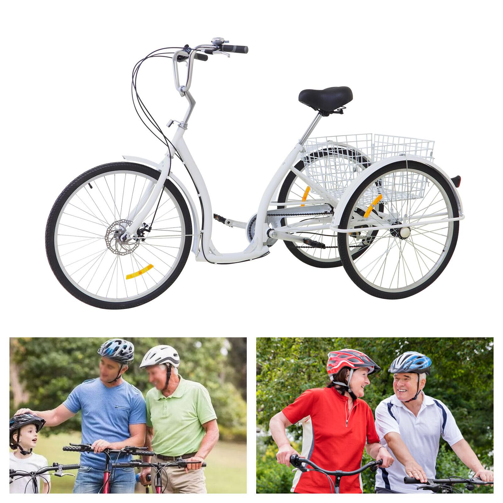 MIUKYUI Driewieler voor volwassenen, 26 inch, 6 versnellingen, tot 120 kg draagkracht, volwassenen, fiets voor stad en strand, met winkelwagenmand en
