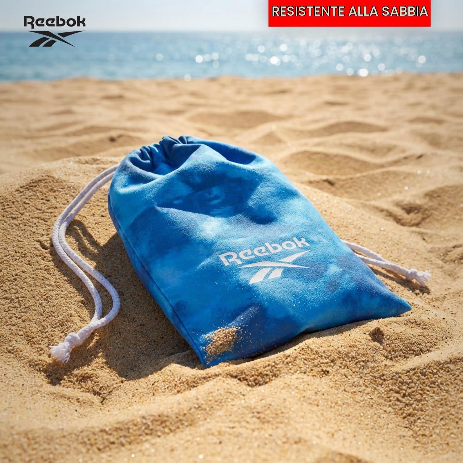 Reebok Telo Mare Microfibra Antisabbia | Asciugamano Microfibra Leggero Compatto | Telo Mare Grande 90x180 Con Sacca | Asciugamano Palestra Viaggio Piscina Gym Towel Blu Navy Fantasia Nuvola