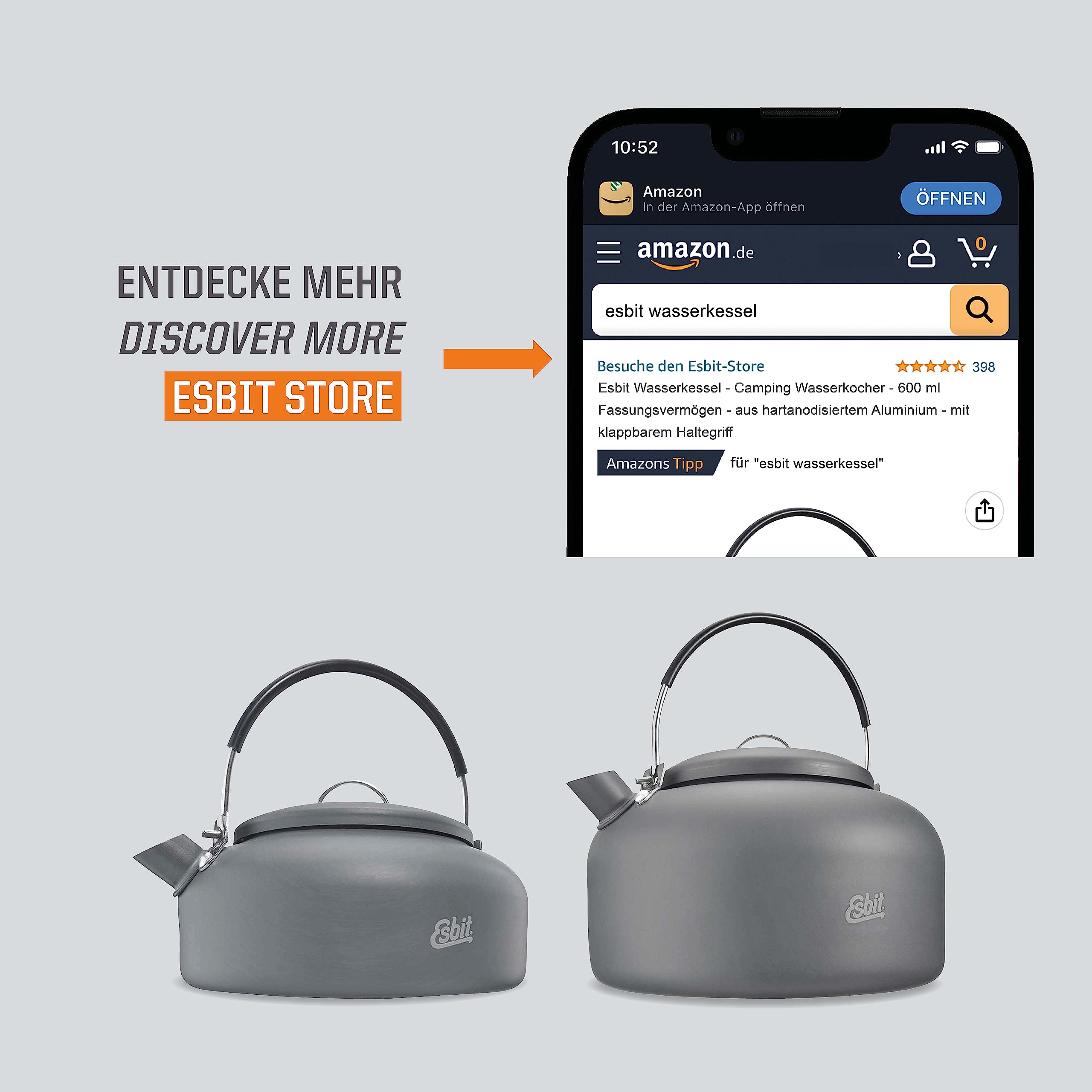 Esbit Wasserkessel - Camping Wasserkocher - 1400 ml Fassungsvermögen - aus hartanodisiertem Aluminium - mit klappbarem Haltegriff