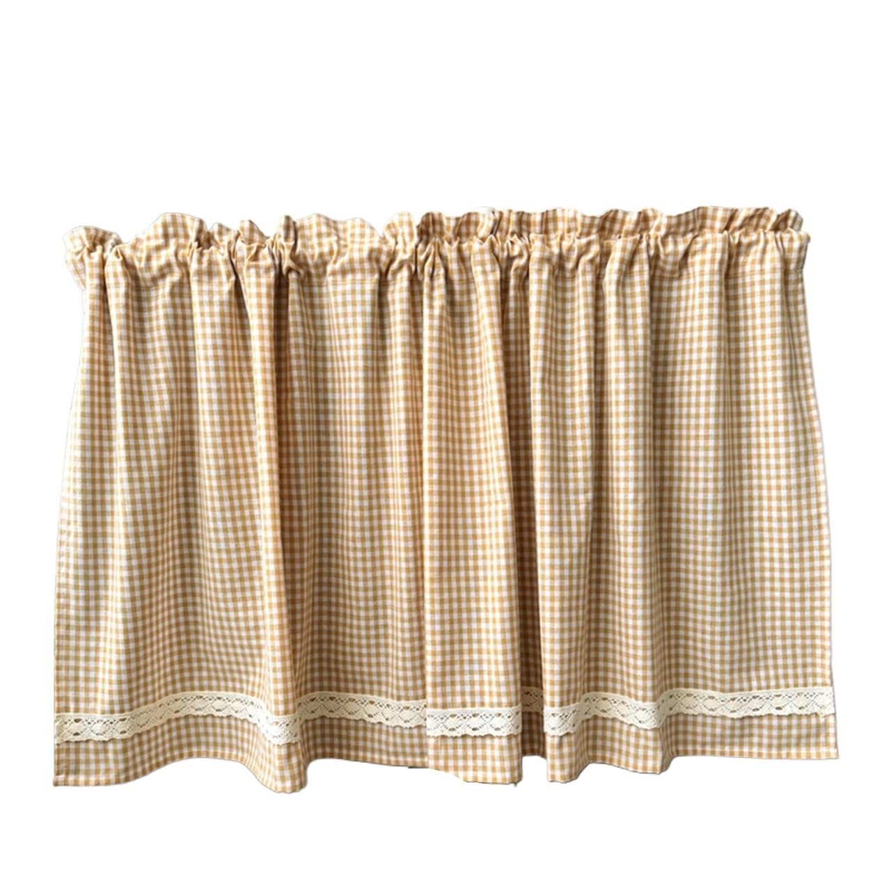 BDFJEDS Cabinet Curtain Plaid Lace Trim Kitchen Short Curtains Rod Pocket Window Valance Cafe Curtain For Cabinet Sink(Yellow,ROD POCKET_1PC W140XH100CM)
