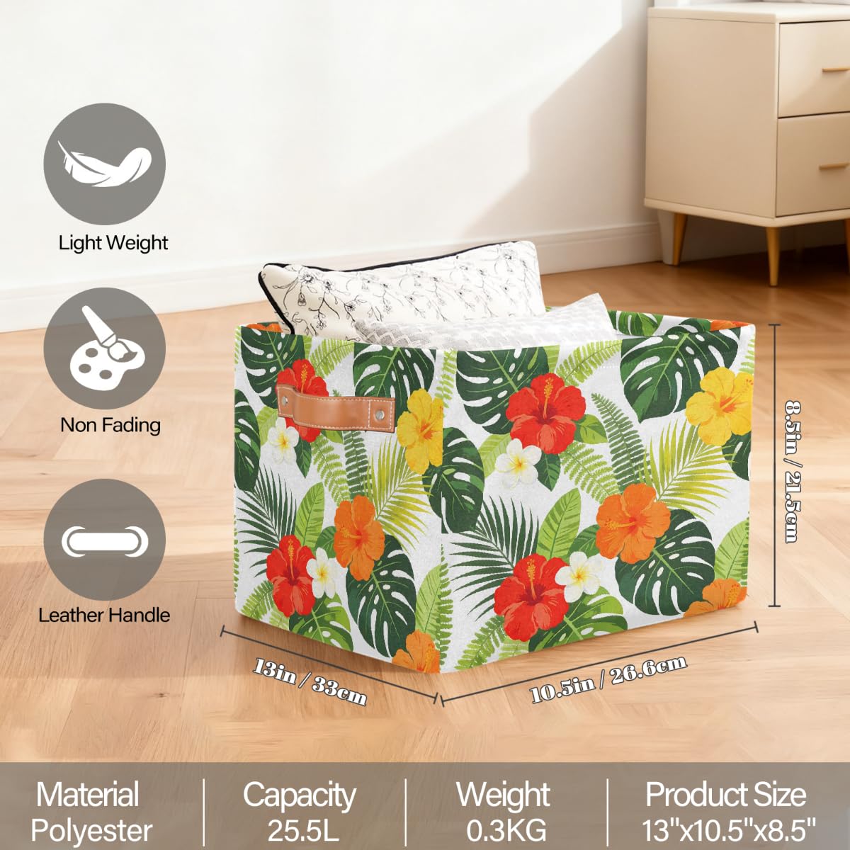 Bunter Hibiskuspalmenblätter, rechteckiger Aufbewahrungskorb mit Ledergriffen, faltbarer Stoff-Aufbewahrungskorb für Schrank, Badezimmer, Wohnzimmer, Büro, Spielzeug, Organizer, Wäschekorb, 2