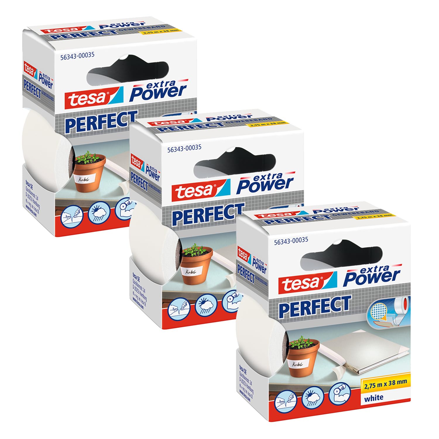 Tesa Uk White Tesa Extra Power Perfect Cloth Tape - Fabric-Reinforced Repairing Tape For Crafting, Repairing, Fastening, Reinforcing And Labelling - 3X 2.75 M X 38 Mm