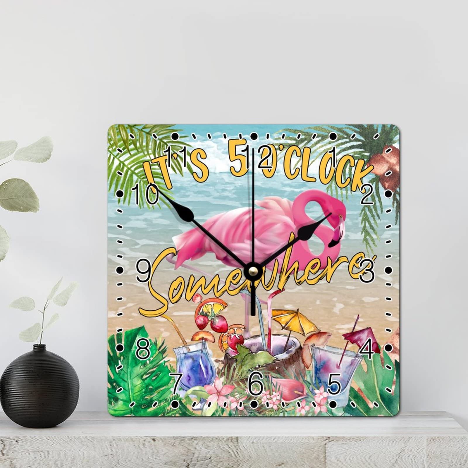 Horloge de plage carrée bois flamant rose pour décoration salon marin