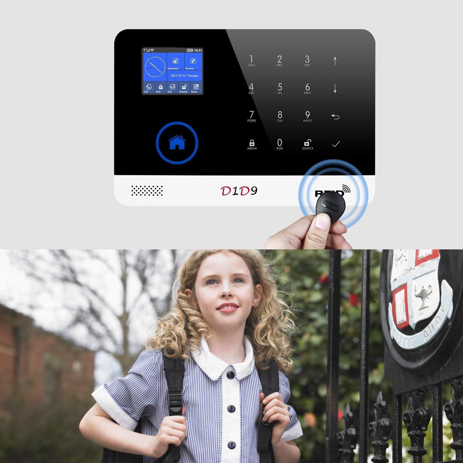 A hand holding a black RFID tag near the main alarm panel, with a young girl in a school uniform in the background, suggesting ease of use for children.