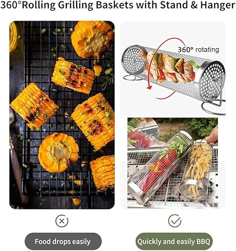 Miniatura 4 de Paquete de 2 cestas enrollables para parrilla al aire libre, jaula de barbacoa cilíndrica de acero inoxidable, tubos de red de parrilla de 360,