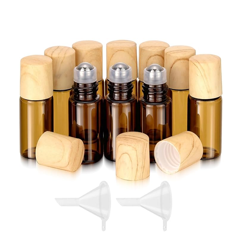 Newzoll Frascos Roll-on de Vidro Âmbar de 3 mL com Esfera de Aço Inoxidável, Pacote com 10 e 2 Funis